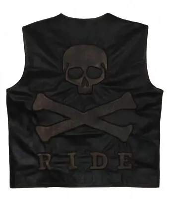 Buy Haides Skeleton Vest Embossed Skull And Crossbones Black Distressed Leather Vest • 119.99£