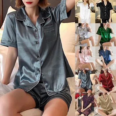 Buy Womens Satin Silk Pyjamas Nighty Short Sleeve Shirts Shorts Nightwear PJs Set • 9.99£