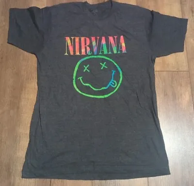 Buy Nirvana Womans Large Rainbow Smiley Face Logo Band T-Shirt  Short Sleeve Black • 24.95£