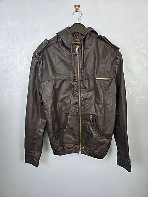 Buy Superdry Jacket Mens Size M Originals Leather Biker Punk Hooded Brown • 54.99£
