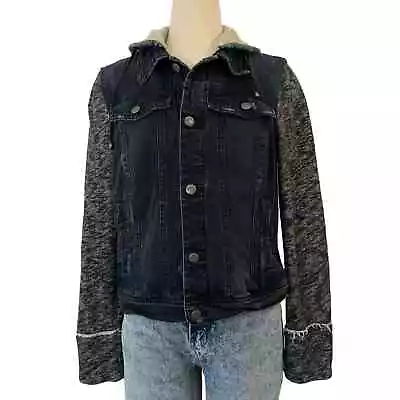 Buy Free People Denim Jacket With Knit Sleeves And Hoodie Cotton | Size L • 36.29£