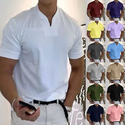 Buy Mens Plain Grandad Henley Shirts Summer Short Sleeve Loose Casual T-Shirt Tops • 3.99£