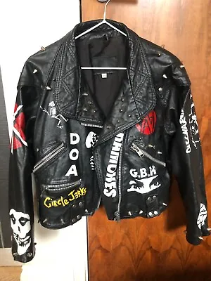 Buy Black Leather Punk Biker Jacket Studded Small S DIY Painted Unisex Goth DOA • 50£