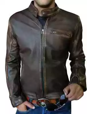 Buy Men's Brown Distressed Slim Fit Real Leather Jacket Vintage Cafe Racer • 75.99£