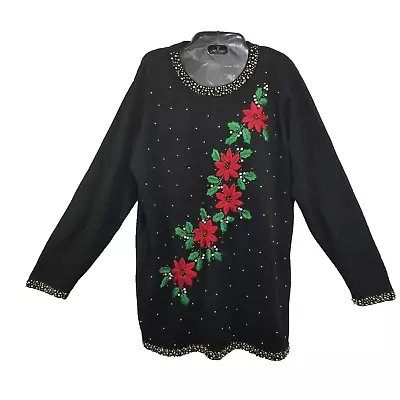 Buy BP Designs Christmas Poinsettias Sweater Black Beaded Pearls Pullover Size Med • 16.28£
