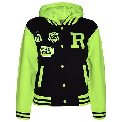 Buy Kids Girls Boys Baseball Hooded Black & Neon Green NYC FOX Jacket Varsity Coat • 11.99£