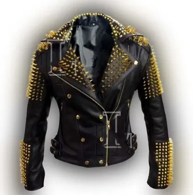 Buy Handmade Women Bomber Leather Jacket, Fashion Heavy Metal Studs Jacket, Sale!! • 190.23£