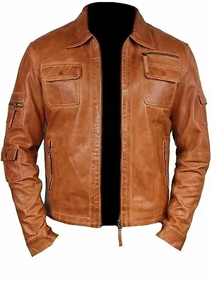 Buy Men's Fashion Real Lambskin Tan Leather Waxed Brown Vintage Motorcycle Jacket • 67.77£