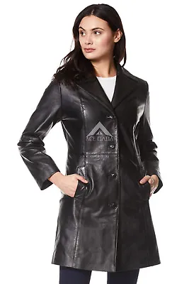 Buy TRENCH Ladies Real Leather Jacket Black Classic Knee-Length Designer Coat 3457 • 128.62£