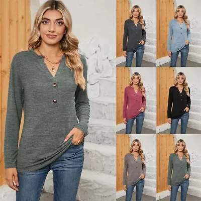 Buy Womens Pullover Plain T Shirts Blouses Holiday Loose Solid Tops Long Sleeve Tee • 8.59£