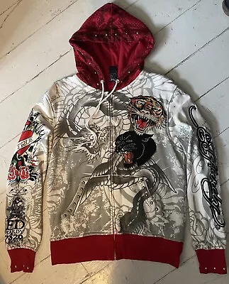 Buy Y2K Ed Hardy Hoodie By Christian Audigier Zip Up Cream Red  Dragon 2000s  Small • 48£