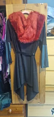 Buy Black Drape Robe Jacket Ribbon Tie Waist Red Faux Fur Hood 10 To 14 Gothic Alt • 18£