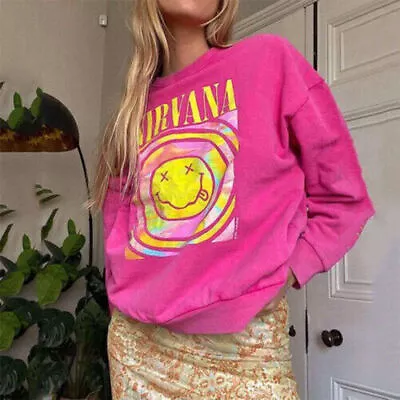 Buy Lady Nirvana Smiley Face Crewneck Sweatshirt Casual Hoodie  Heliconia - UK • 16.96£