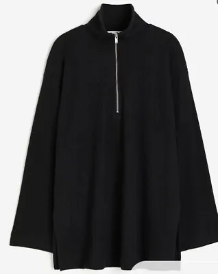 Buy Women's New H&M Black Rib Knit Jumper Sweatshirt With Zip Collar. Size Medium. • 30£