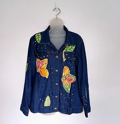 Buy Indigo Moon Denim Jacket Size L Floral Embroidered Patches Sequin Blue Festival • 29.99£