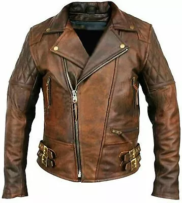 Buy Men's Biker Classic Diamond Motorcycle Brown Distressed Vintage Leather Jacket • 22£