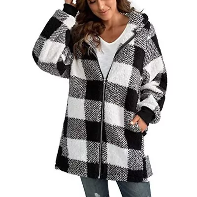 Buy Ladies Fleece Teddy Bear Check Coat Overcoat Zip Hooded Jacket Plus Size Jumper • 14.49£