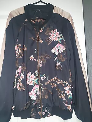 Buy Ladies F & F Lightweight Black Floral Zip Up Bomber Jacket Size 14 • 5£