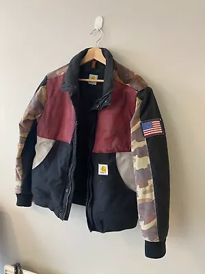 Buy Unisex Reworked Carhartt Detroit Patchwork Jacket American Flag Size Small • 40£