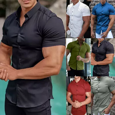Buy Mens Muscle Slim Fit Short Sleeve T- Shirts Buttons Casual Business Tops Blouse • 2.89£