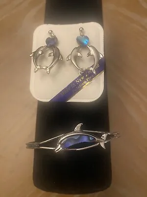 Buy Ariki Paua Shell Dolphin Earrings & Cuff Bracelet Palladium Plate • 24.10£