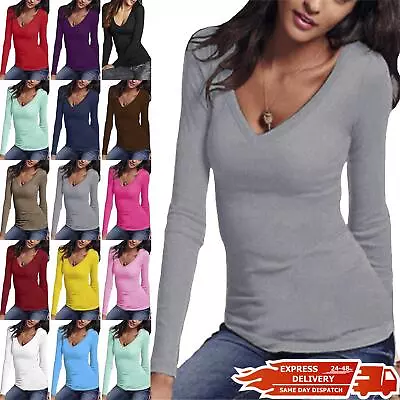 Buy Ladies Womens Plain V Neck Jersey Stretchy Casual Long Sleeves Tee T Shirt Top • 3.99£