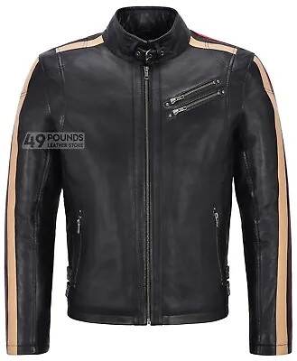 Buy Men Leather Jacket Black With Beige & Red Stripes Biker Motorcycle Style 1831 • 41.65£