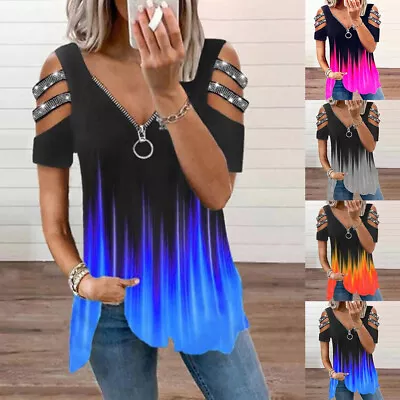 Buy Womens Cold Shoulder Tunic Tops Language Sexy Zip V Neck Tie Dye T Shirt Blouse • 3.09£