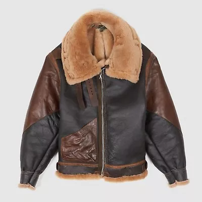 Buy Men's Aviator Brown B3 Real Shearling Sheepskin Leather Bomber Flying Fur Jacket • 199£
