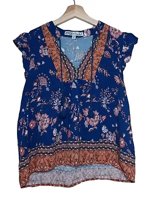 Buy Gypsies & Moondust Womens Floral Boho Top Sz XL Short Sleeve Blue Pink Blouse • 15.42£