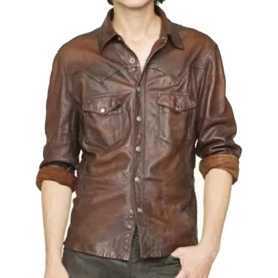 Buy Mens New Soft Real Brown Genuine Lambskin Washed Waxed Leather Jacket Shirt • 29.99£