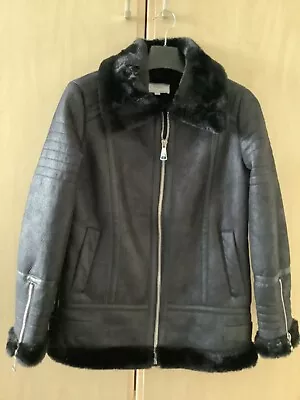 Buy Next Ladies Black Faux Leather Fur Avaitor Jacket Size 10 • 25£
