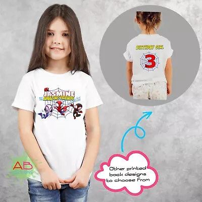 Buy Girls Personalised Birthday Spidey T-shirt With Choice Of Back Design 0-14 • 15.99£