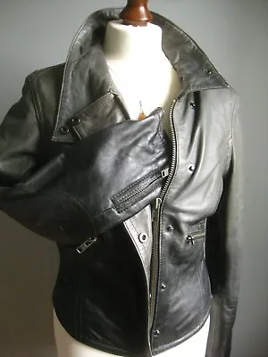 Buy NEXT LEATHER BIKER JACKET Distressed 10 8 Faded SIGNATURE Military Steampunk • 64.99£