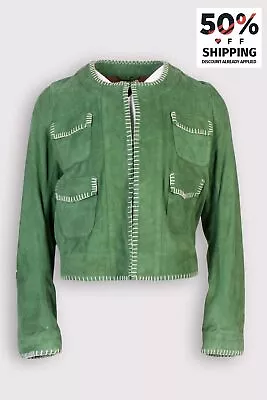 Buy Suede Leather Jacket IT42 US6 UK10 M Green Contrast Back Round Collar • 59.99£