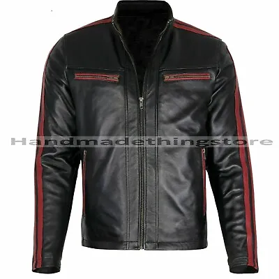 Buy Men's Black And Red Vintage Biker Leather Motorcycle Jacket • 19£