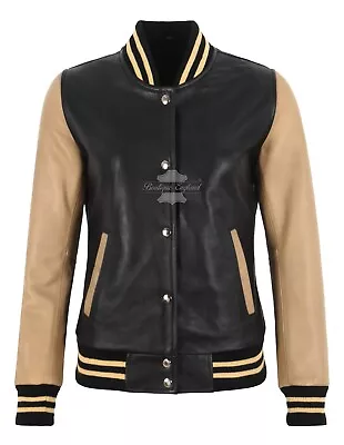 Buy Women's Varsity Letterman Baseball Black Beige Bomber Biker Real Leather Jacket • 129.99£