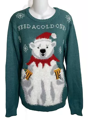 Buy Cute Blue Polar Bear Christmas Sweater Size Large Beer Mugs Santa Hat Pullover L • 22.68£