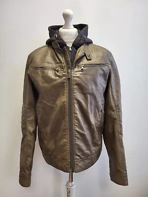 Buy Jj946 Mens Michael Kors Khaki Zipped Faux Leather Hooded Jacket Uk L Eu 54 • 24.99£