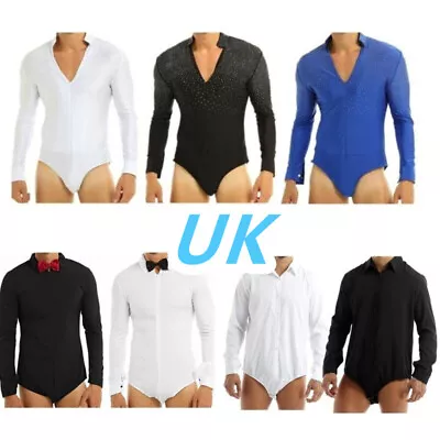 Buy UK Men's Long Sleeve Slim Fit Leotard Tops One-piece Dance Bodysuit Romper Shirt • 20.79£