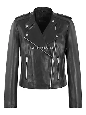 Buy Ladies Racer Leather Jacket Black Soft Lambskin Motorbike Fitted Style Amanda • 72£