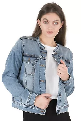 Buy Women's Basic Collarless Denim Jacket Ladies Long Sleeve Washed Jean Biker Top • 14.90£
