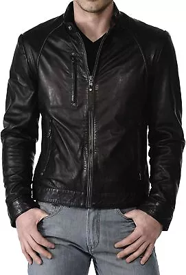 Buy Leather Jacket Mens Motorcycle Biker Real Cafe Racer Bomber Coat Lamb Black  50 • 130.58£