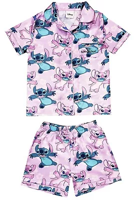 Buy Girls Disney Lilo & Stitch Satin Short Pyjamas Silk Button Collar PJs 5-13 Years • 15.95£