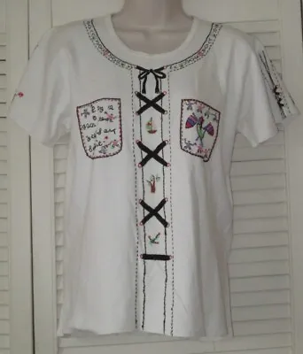 Buy White T Shirt - Bust 38  Embroidered Design, S/sleeves, H/length Cotton, Gc • 5£