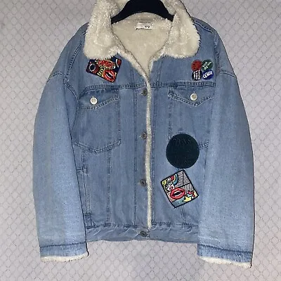 Buy Incredible Heavyweight Blue Denim Jacket W Several Patches And Fluffy Collar • 20£