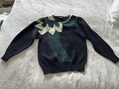 Buy Vintage C&A Your Sixth Sense Navy Blue Green Christmas Jumper Size 14 1980s • 29.99£
