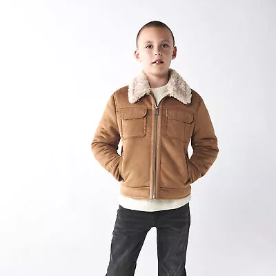 Buy River Island Kids Boys Shearling Jacket Brown Suedette Borg Collar Outerwear Top • 13.50£