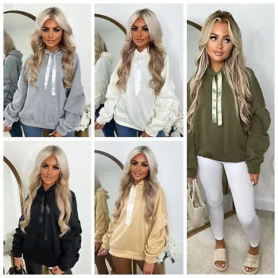 Buy Womens Ruched Sleeve Oversized Hooded With Ribbon Ladies Sweatshirt  Jumper • 15.90£