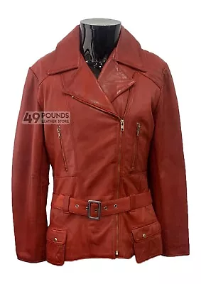 Buy 'FEMININE' Ladies Leather Jacket Red Belted Chic Rock Real Leather Jacket P-402 • 41.65£